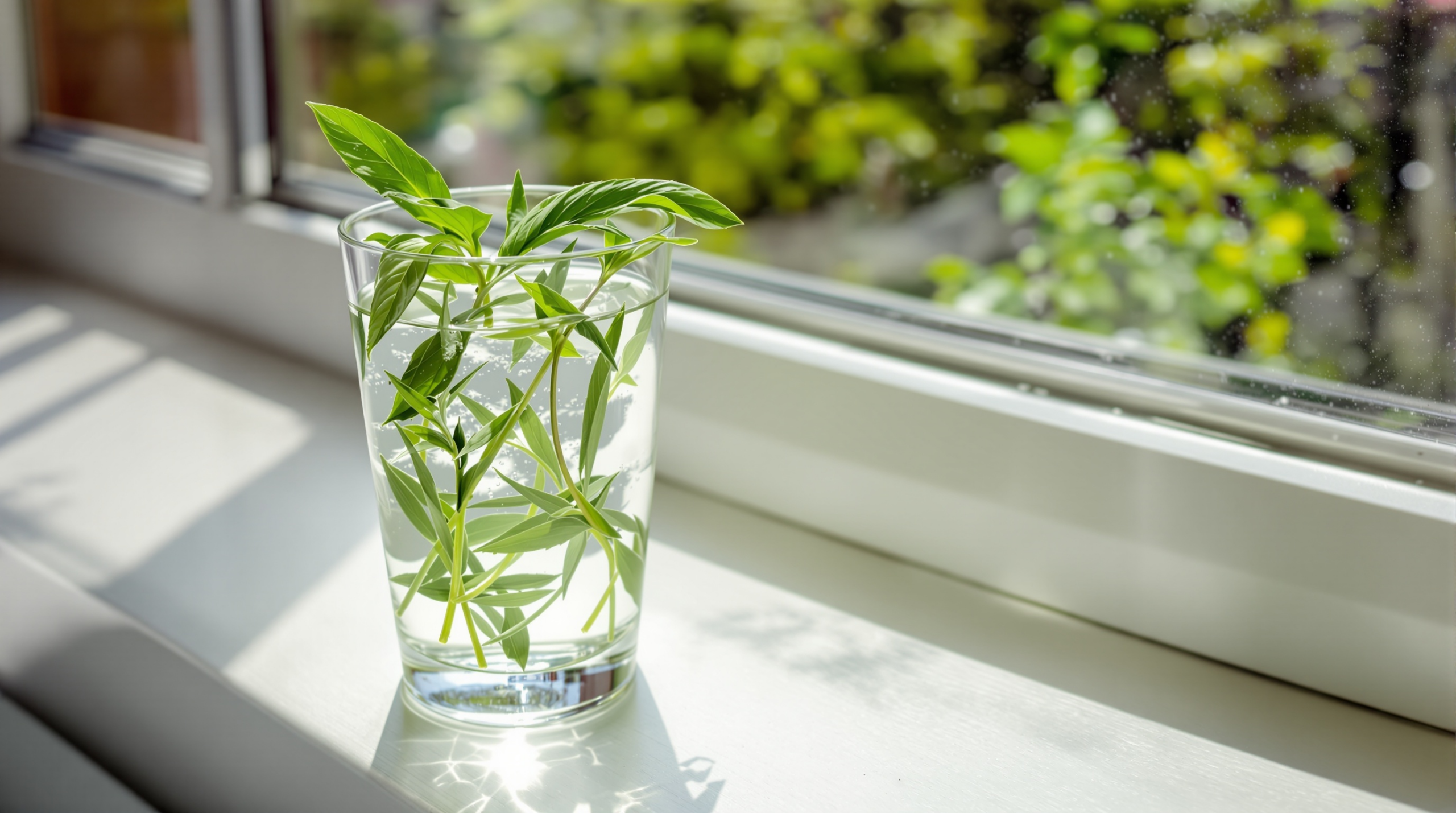 une plante verte dans un vase en verre sur le rebord d'une fenêtre