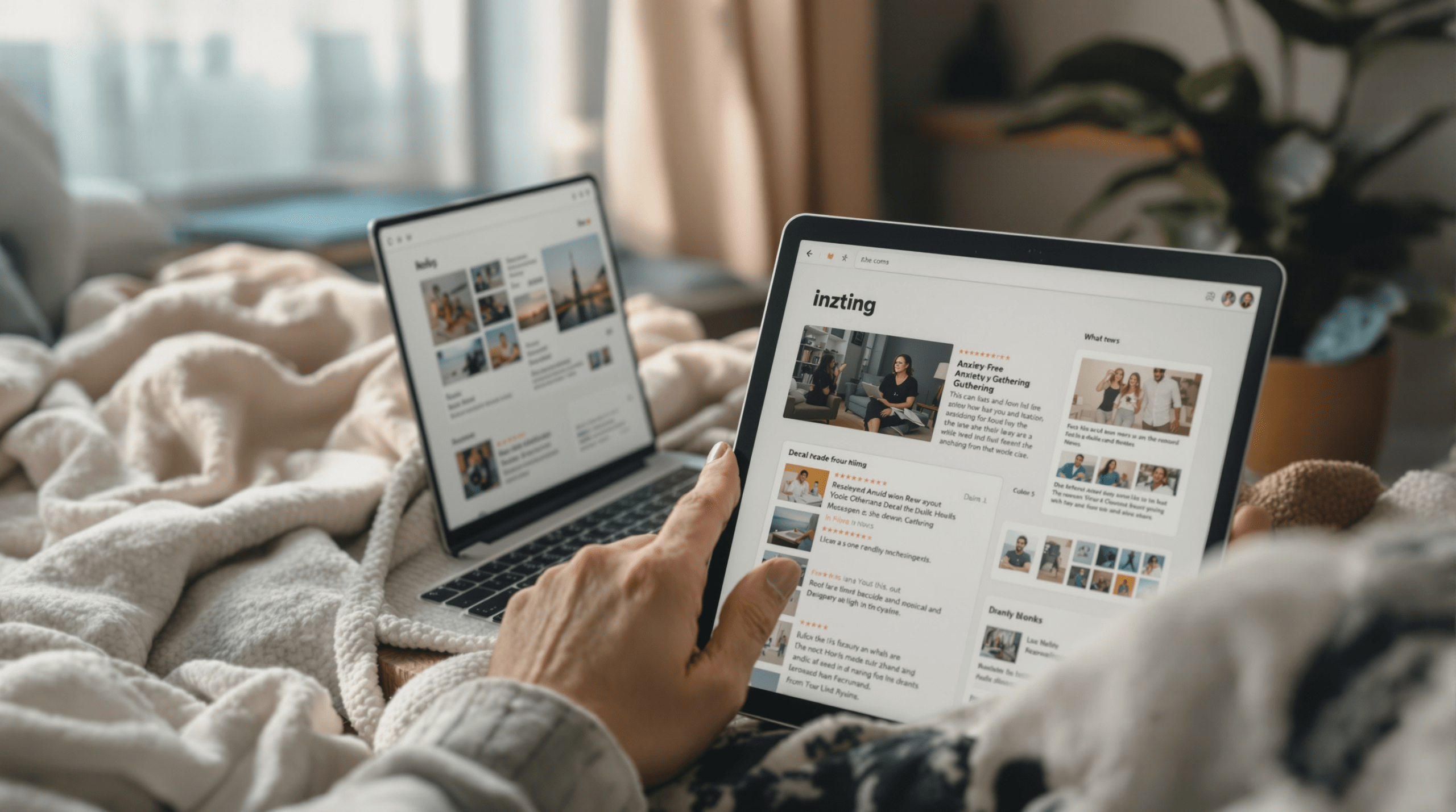 une personne assise sur un lit et utilisant un ordinateur portable